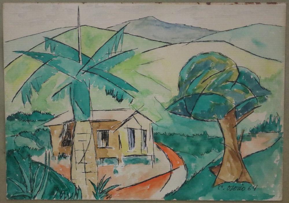 CARLOS OSORIO (Puerto Rican, 1927 - 1984).   Palm Tree by House, 1964,  Mixed media on paper. Ink (1 of 2)