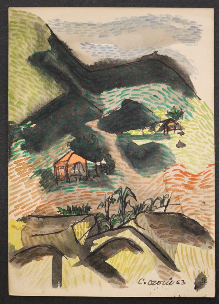 CARLOS OSORIO (Puerto Rican, 1927 - 1984).   The Red Cabana, 1963,  Mixed media on paper. Ink (1 of 3)