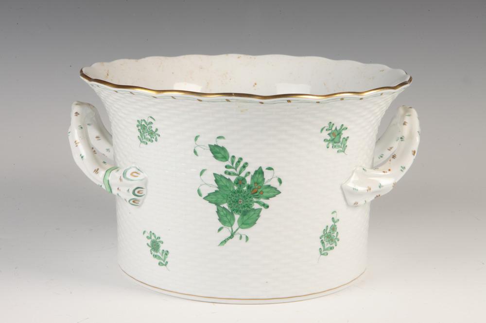 HEREND PORCELAIN GREEN "CHINESE BOUQUET" PATTERN TWO-HANDLE CACHE POT.      - D: 10 in. (1 of 1)