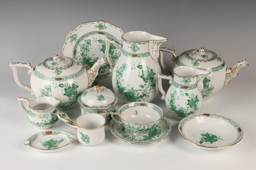 50-PIECE HEREND GREEN "INDIAN BASKET"  PATTERN PORCELAIN TEA/DESSERT SERVICE.     Including two (1 of 2)