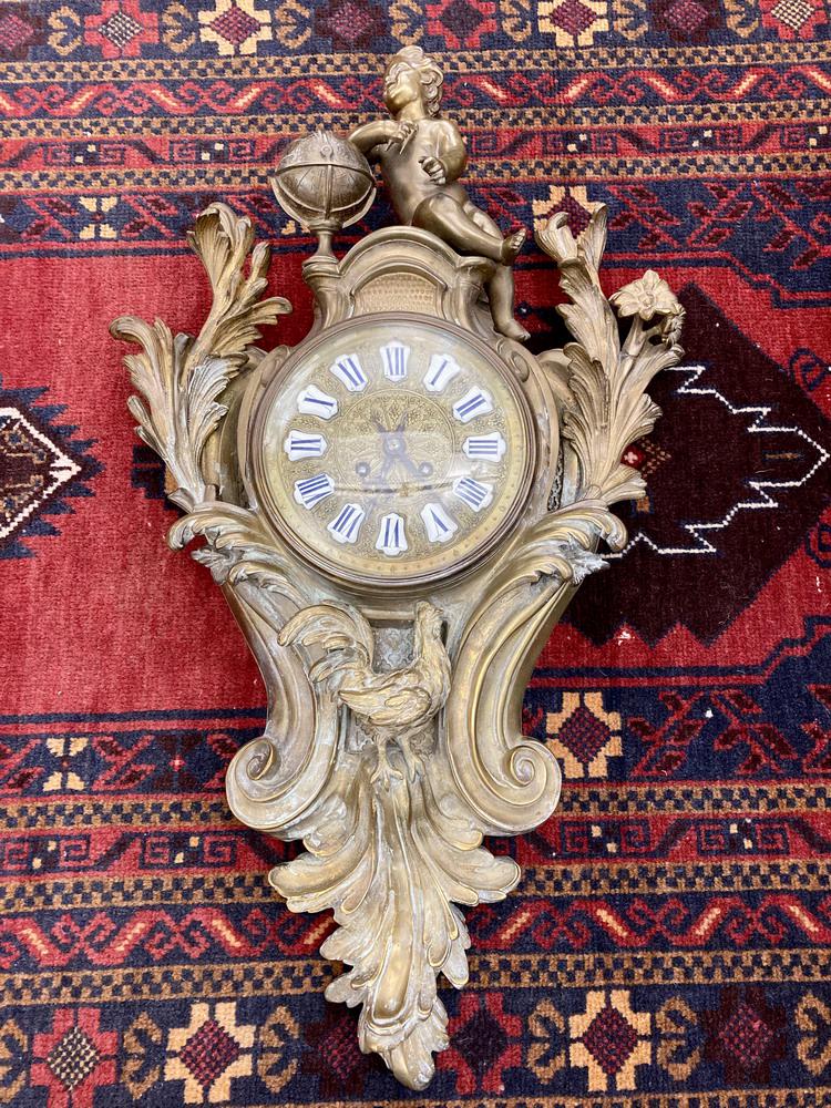LOUIS XV-STYLE CAST BRONZE CARTOUCHE SHAPE WALL CLOCK.   mid-to-late 19th century. (1 of 7)
