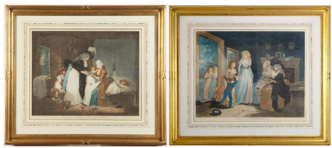 AFTER GEORGE MORLAND (British, 1763 - 1804). A Pair: "Visit to the Child at Nurse" and "A Visit: AFTER GEORGE MORLAND (British, 1763 - 1804). A Pair: "Visit to the Child at Nurse" and "A Visit to the Boarding School", Pair of colored engravings engraved by William Ward (1766â€“1826) and publ