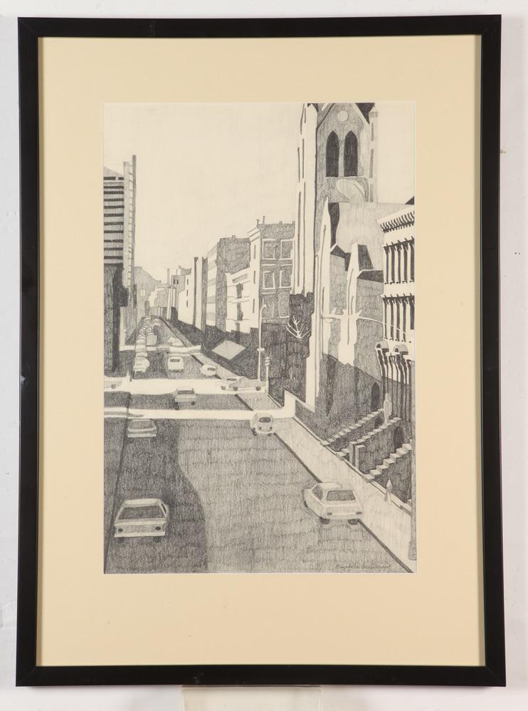 ELIZABETH BRADSHAW (American, 20th Century).   Sunny Downtown,  Pencil drawing. Pencil signed lower (1 of 2)