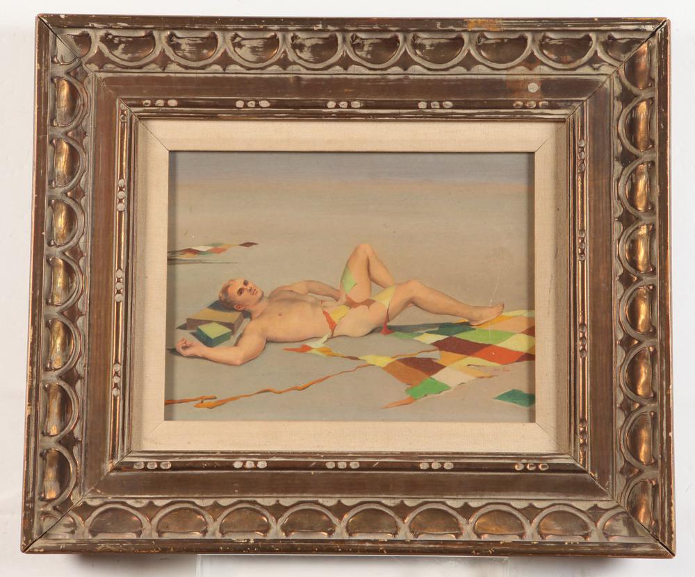 JOHN B. LEAR (American, 1910-2008). Recumbent Man, [LGBTQ+ INTEREST]. Oil on canvas. Signed: JOHN B. LEAR (American, 1910-2008). Recumbent Man, [LGBTQ+ INTEREST]. Oil on canvas. Signed lower right hand corner. Framed. Not examined out of frame. - 9 x 12 in; frame: 17 x 20 in