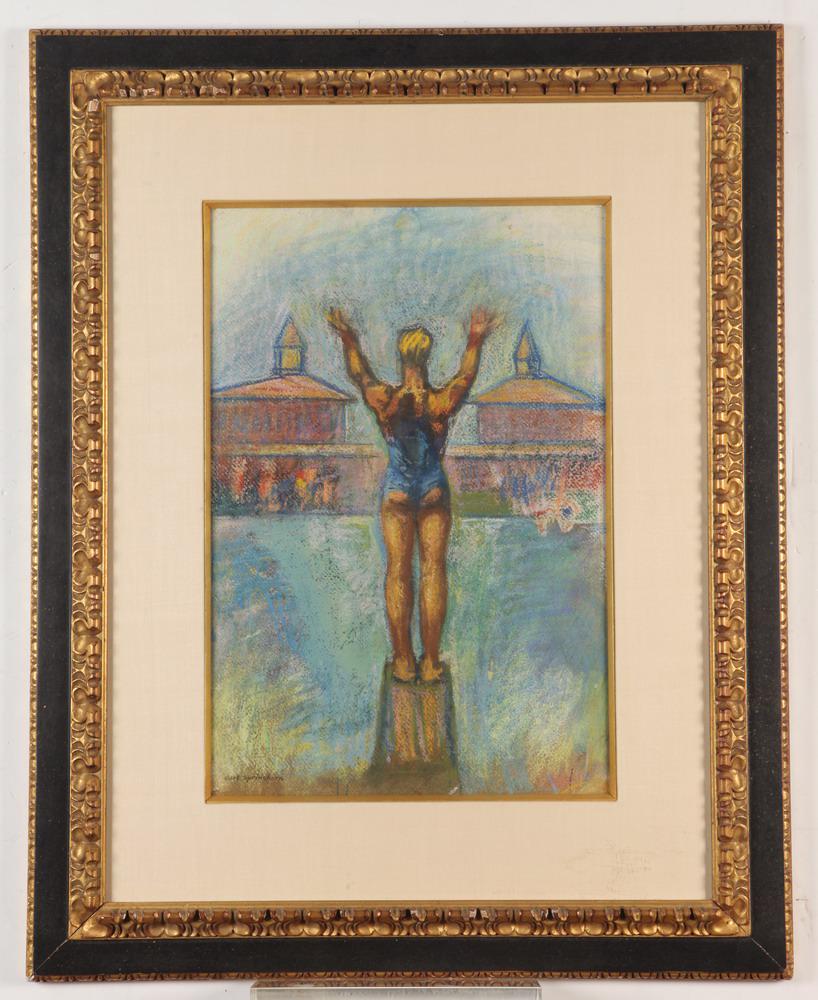 CARL SPRINCHORN (American, 1887-1971). Diver at Coney Island, [LGBTQ+ INTEREST]. Pastel on: CARL SPRINCHORN (American, 1887-1971). Diver at Coney Island, [LGBTQ+ INTEREST]. Pastel on paper. Signed lower left hand corner. Framed. Not examined out of frame. - 20 x 13.25 in; frame: 32 x 25 in