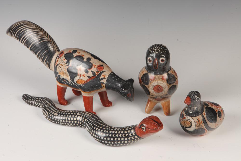 FOUR MEXICAN PAINTED POTTERY FIGURES.     Including snake, owl, bird, and one other.  - Snake. : 14 (1 of 1)