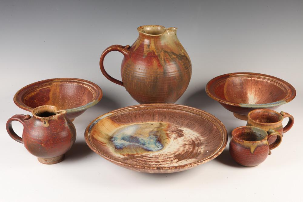 38-PIECE SERVICE ARTISAN-SIGNED STUDIO POTTERY TABLEWARE.     Green and blue drip glaze on (1 of 1)