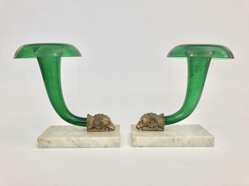 PAIR EMERALD GREEN GLASS CORNUCOPIA VASES WITH GILT RAM'S HEAD TERMINALS.     White marble (1 of 6)