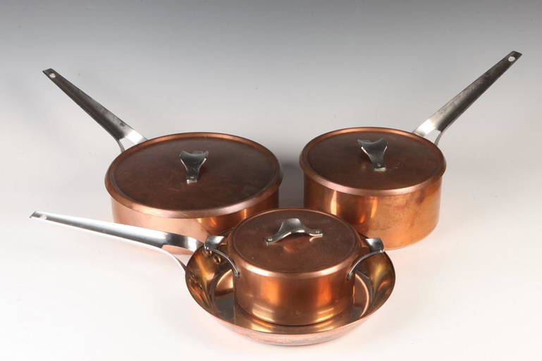 FOUR SIGNED JENSEN DESIGN COPPER COOKING VESSELS. Including two sacue pans with lift Jun
