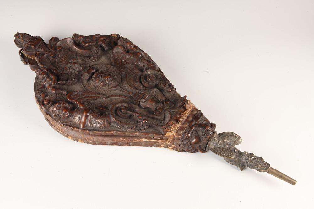 RENAISSANCE REVIVAL ELABORATELY CARVED WOODEN BELLOWS,   circa 1880.  Lion mask centered by winged (1 of 7)