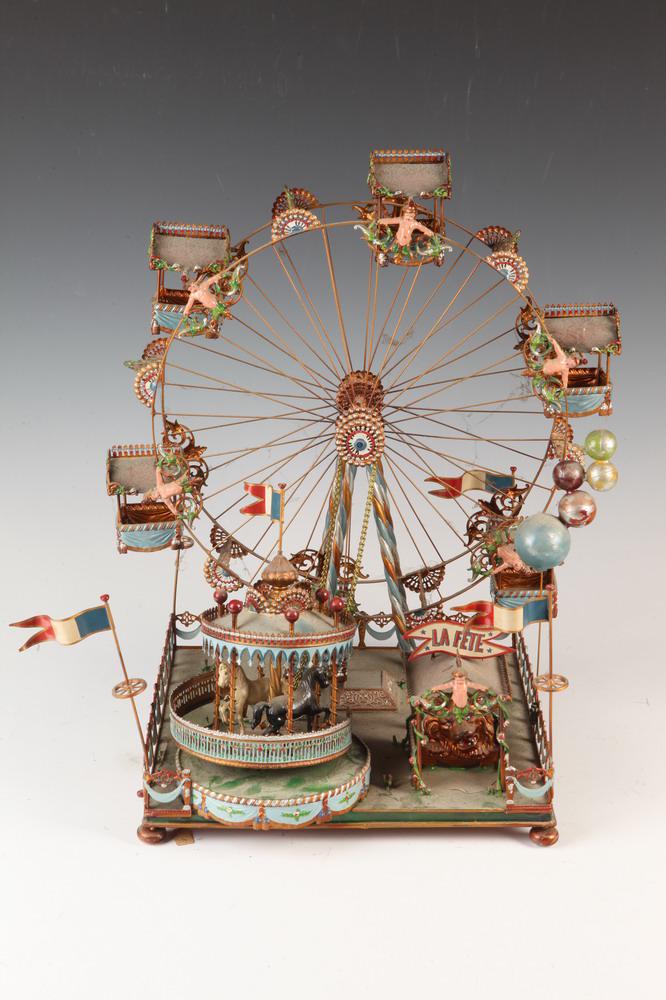 TABLE-TOP TOY FRENCH FERRIS WHEEL,   mid 20th century.  Multi-color enameled metal. (1 of 1)