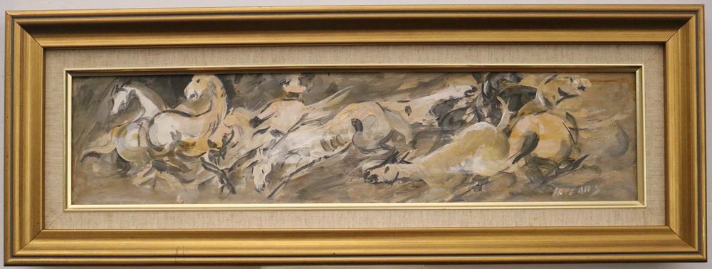 AMERICAN SCHOOL (20th Century). Wild Horses, Oil on Canvas. Undecipherable signature lower right: AMERICAN SCHOOL (20th Century). Wild Horses, Oil on Canvas. Undecipherable signature lower right hand corner. Framed. - 5" x 21.5"; Frame 9.5" x 26"