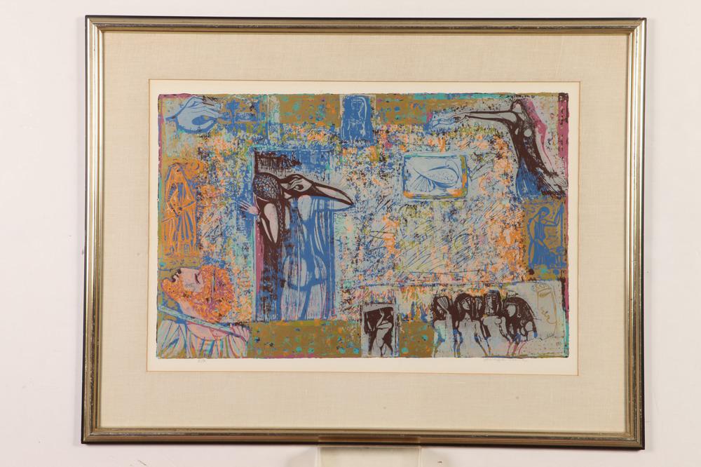 SHRAGA WEIL (Israeli, 1918-2009). UNTITLED, signed and noted "EA" in pencil lower margin. Color: SHRAGA WEIL (Israeli, 1918-2009). UNTITLED, signed and noted "EA" in pencil lower margin. Color lithograph - Framed, image: 15 1/2 in. x 24 in.