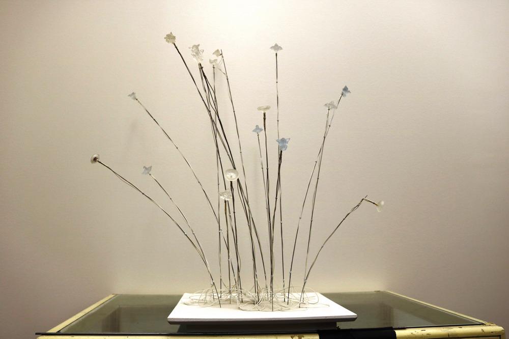 BETH GALSTON (American, Contemporary). GARDEN PLOT, Wire sculpture on a wooden base. - H: 32: BETH GALSTON (American, Contemporary). GARDEN PLOT, Wire sculpture on a wooden base. - H: 32 in., 14 in. x 14 in.