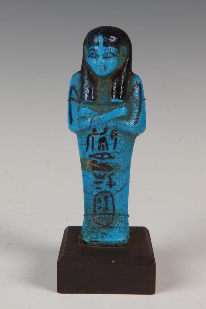 EGYPTIAN TURQUOISE-GLAZED CERAMIC USHABTI FIGURE WITH BLACK-PAINTED HIEROGLYPHICS. - Figure, H: 4 (1 of 9)
