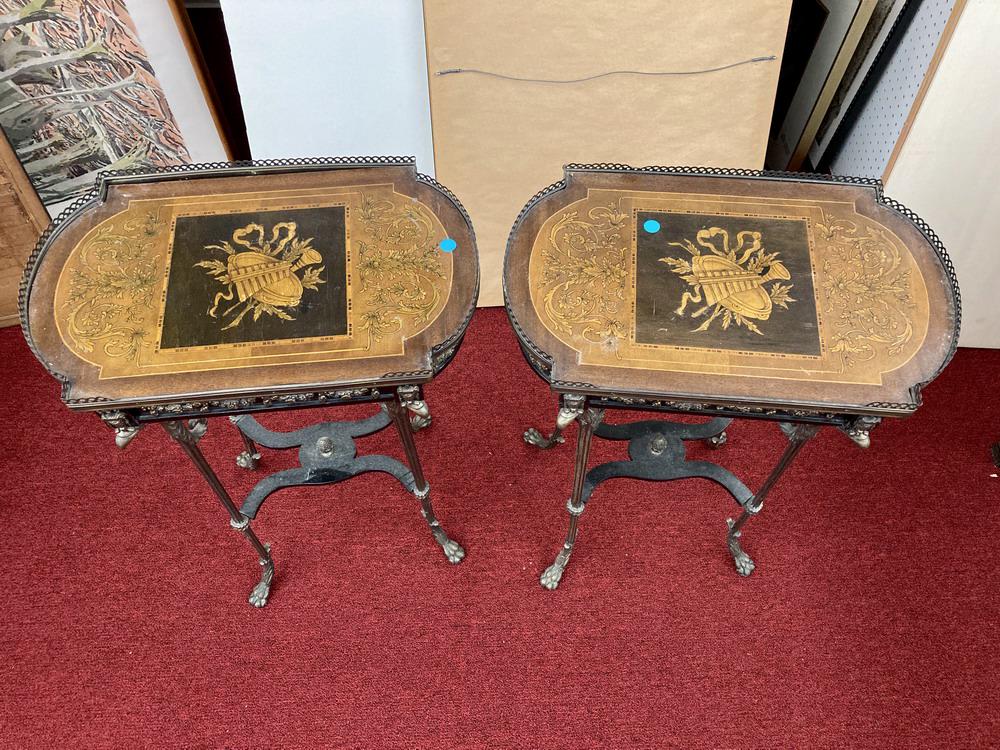 PAIR LATE 19TH CENTURY FRENCH MARQUETRY INLAID SHAPED OBLONG STANDS WITH PIERCED BRASS GALLERIES, (1 of 11)