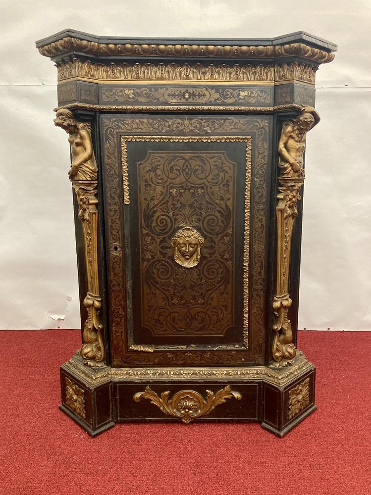 NAPOLEON III BOULE-INLAID EBONIZED ONE-DRAWER CORNER CABINET WITH GILT-METAL MOUNTS, - H: 38 1/2 in. (1 of 18)