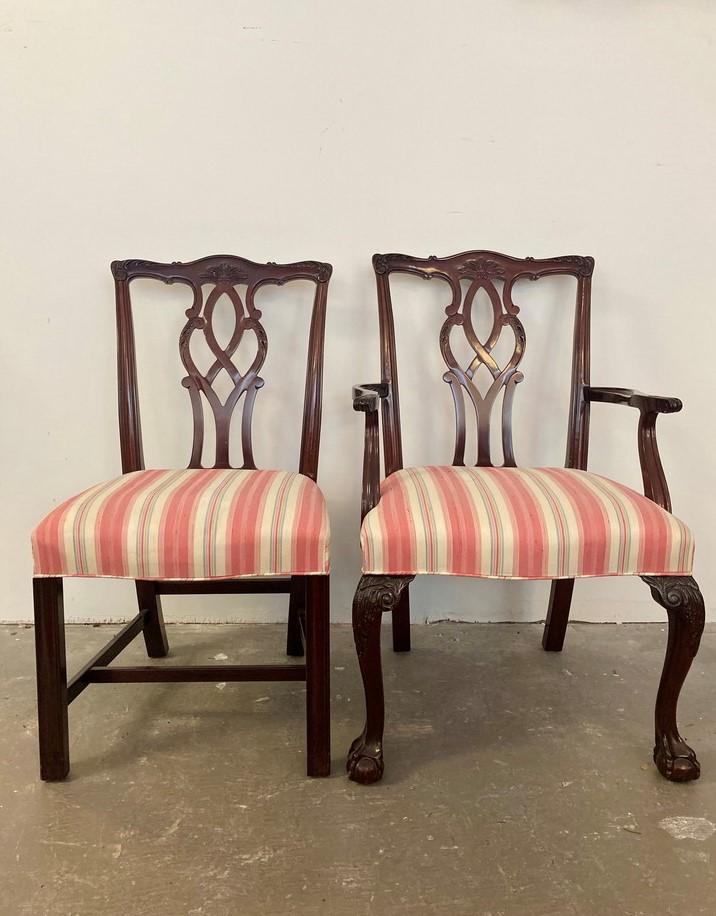 SET EIGHT KINDEL CO. "WINTERTHUR" CARVED SOLID MAHOGANY DINING CHAIRS WITH ROSE STRIPED SCHUMACHER (1 of 10)