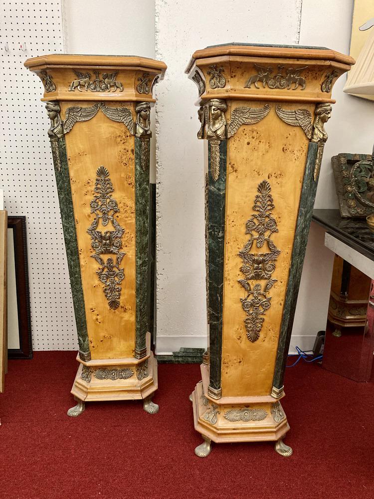 PAIR NEOCLASSICAL STYLE BURLWOOD TAPERING SQUARE PEDESTALS WITH GILT METAL MOUNTS AND INSET MARBLE (1 of 9)