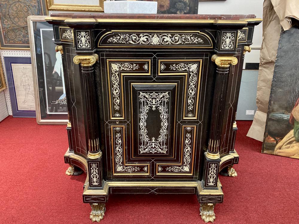 MID-19TH CENTURY NAPOLEON III IVORY-INLAID, EBONIZED ONE-DRAWER CABINET WITH SHAPED ROUGE DE FER (1 of 13)