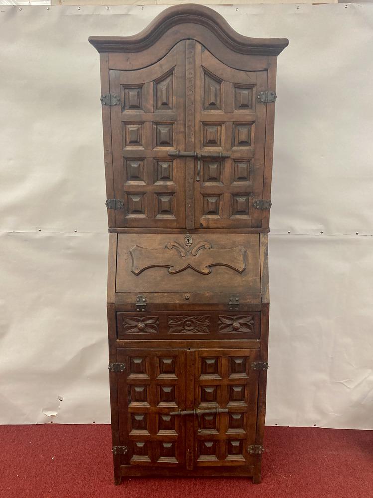SPANISH CARVED AND IRON-MOUNTED BOOKCASE DESK OF SMALL SIZE, - H: 71 in.' W: 26 in.; D: 14 1/4 in. (1 of 10)