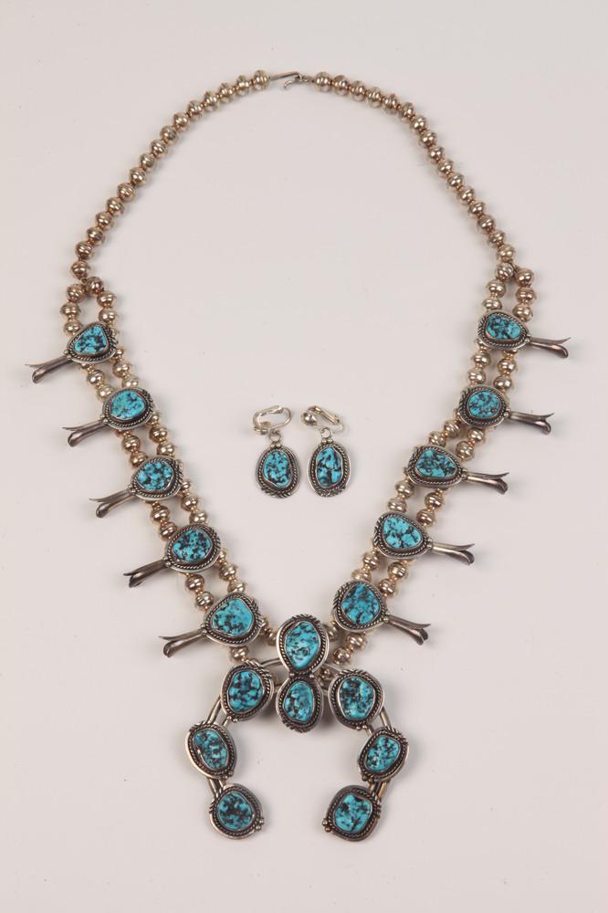 SOUTHWEST AMERICAN INDIAN SILVER AND TURQUOISE SQUASH BLOSSOM NECKLACE IWTH PAIR MATCHING CLIP-BACK (1 of 1)
