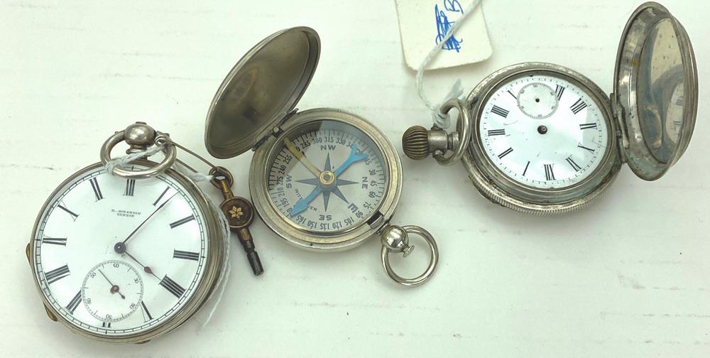 TWO 19TH CENTURY SILVER-CASE POCKET WATCHES AND A SILVER-TONE COMPASS. (1 of 1)