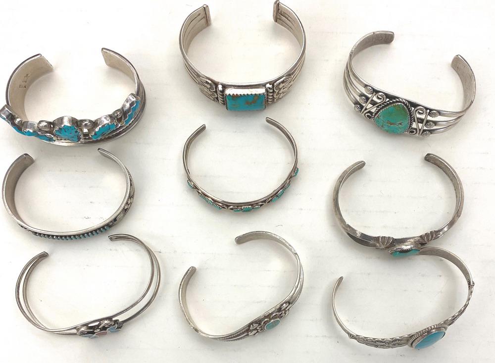NINE ASSORTED SOUTHWEST AMERICAN INDIAN AND MEXICAN SILVER AND TURQUOISE OPEN-END CUFF BRACELETS.: NINE ASSORTED SOUTHWEST AMERICAN INDIAN AND MEXICAN SILVER AND TURQUOISE OPEN-END CUFF BRACELETS.