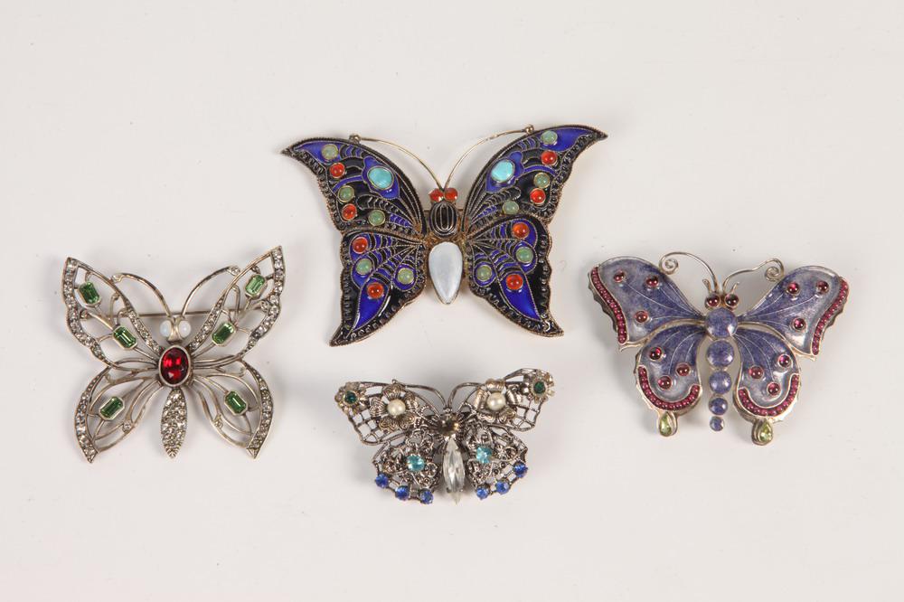 FOUR ASSORTED BUTTERFLY PINS, VARIOUSLY JEWELED AND ENAMELED, - Largest, L : 3 in. (1 of 1)