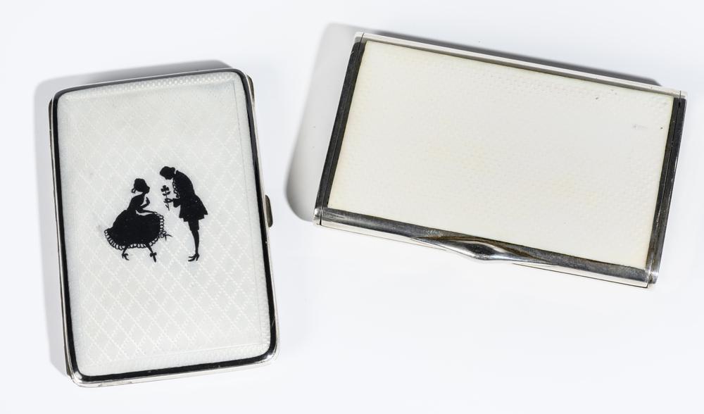 TWO SILVER AND CREAM COLOR GUILLOCHE ENAMEL CIGARETTE CASES, (1 of 10)