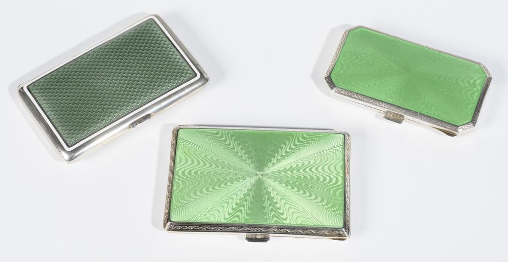 THREE ASSORTED SILVER AND GREEN GUILLOCHE ENAMEL CIGARETTE CASES, (1 of 20)