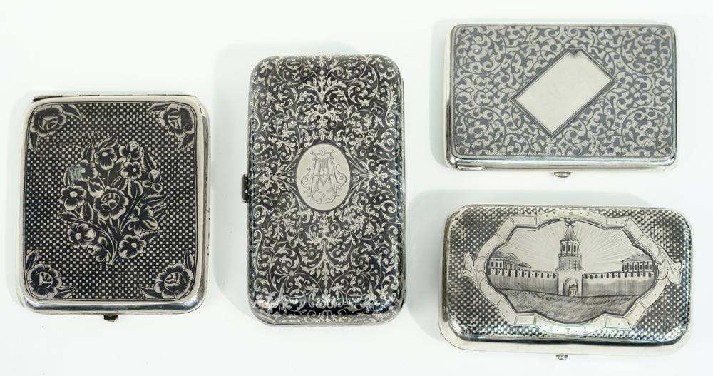 FOUR ASSORTED RUSSIAN NIELLO SILVER (84-FINE) CIGARETTE CASES, late 19th century. (1 of 3)