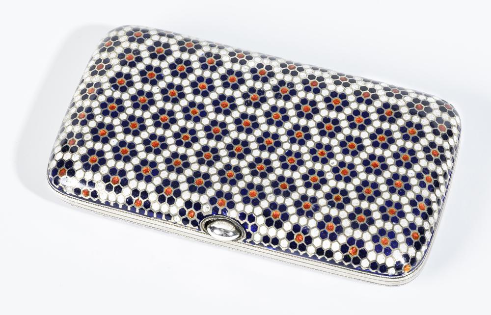 RUSSIAN SILVER (84-FINE) AND RED, BLACK AND WHITE ENAMEL CIGARETTE CASE MADE BY GUSTAV KLINGERT, (1 of 5)