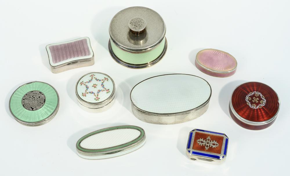 NINE ASSORTED SILVER AND GUILLOCHE ENAMEL MINIATURE BOXES. (1 of 13)