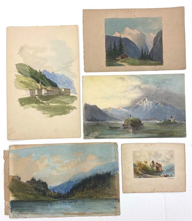 FIVE EARLY 20TH CENTURY CONTINENTAL WATERCOLORS. Watercolors on paper with views of Alp towns and (1 of 7)
