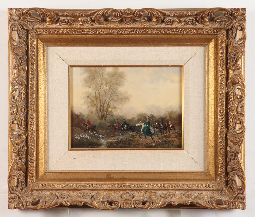 VECSEY KALMAN COLOMANUS (Hungarian, 1925-1996). Shooting Party, Oil on canvas. Signed lower right: VECSEY KALMAN COLOMANUS (Hungarian, 1925-1996). Shooting Party, Oil on canvas. Signed lower right hand. Framed. - 7" x 9.5"; Frame: 17" x 20".