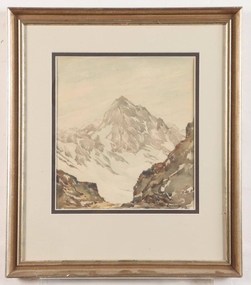 SWISS SCHOOL (Mid-20th Century). The Swiss Alps, Watercolor on paper. Signed "EYHOFF" lower right (1 of 2)