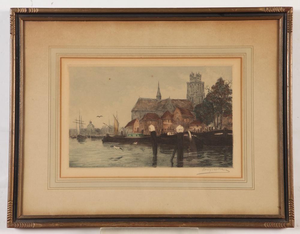 FRENCH SCHOOL (Early 20th Century). Late Afternoon at Notre Dame, Colored woodcut. Pencil signed (1 of 2)