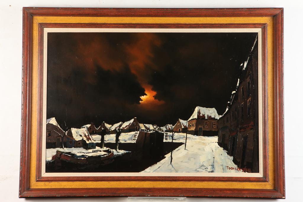 TOON COSTER (Dutch, 1913 - 1989). Winter night, Oil on board. Signed lower right hand. Framed. (1 of 2)