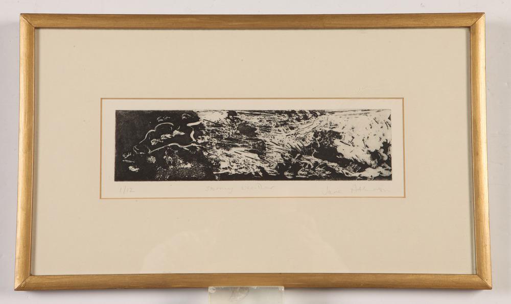 JANE ATKINSON (English, born 1927). Stormy Weather, Limited Edition etching numbered 1 of an edition: JANE ATKINSON (English, born 1927). Stormy Weather, Limited Edition etching numbered 1 of an edition of 12. Pencil numbered, signed and titled at base. - 3.5" x 10.25"; frame: 9.5" x 16"