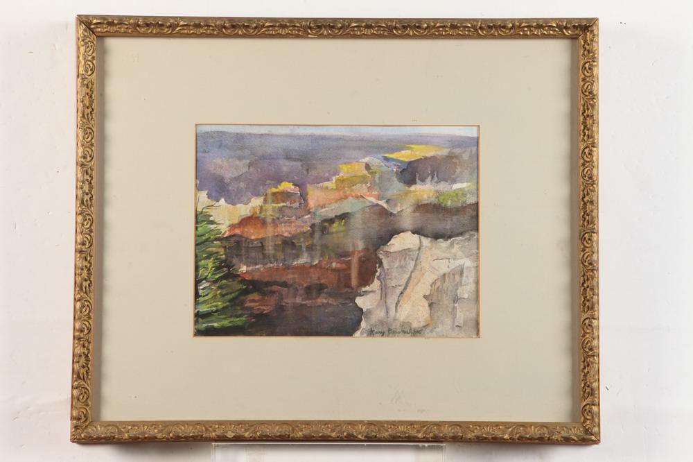 AMERICAN SCHOOL (20th Century). Untitled, Watercolor on paper. Undecipherable signature lower right: AMERICAN SCHOOL (20th Century). Untitled, Watercolor on paper. Undecipherable signature lower right corner. Framed. Not examined out of frame. - 8" x 12"; Frame: 17" x 21".