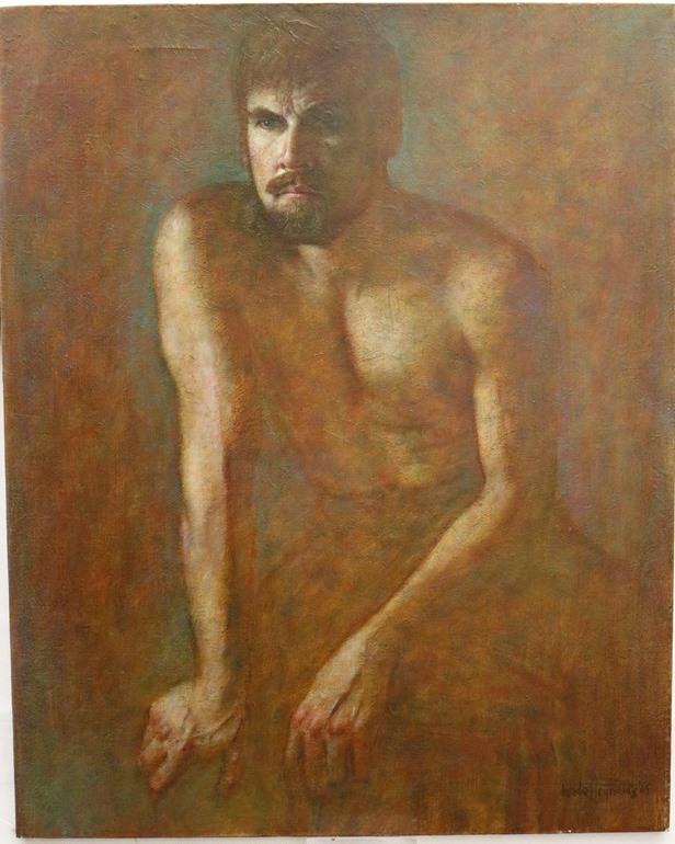 WADE REYNOLDS (American, 1929-2011). Male Nude, 1965, [LGBTQ+ INTEREST]. Oil on canvas. Signed and: WADE REYNOLDS (American, 1929-2011). Male Nude, 1965, [LGBTQ+ INTEREST]. Oil on canvas. Signed and dated lower right corner. Stretched canvas. Unframed. - 30" x 24"