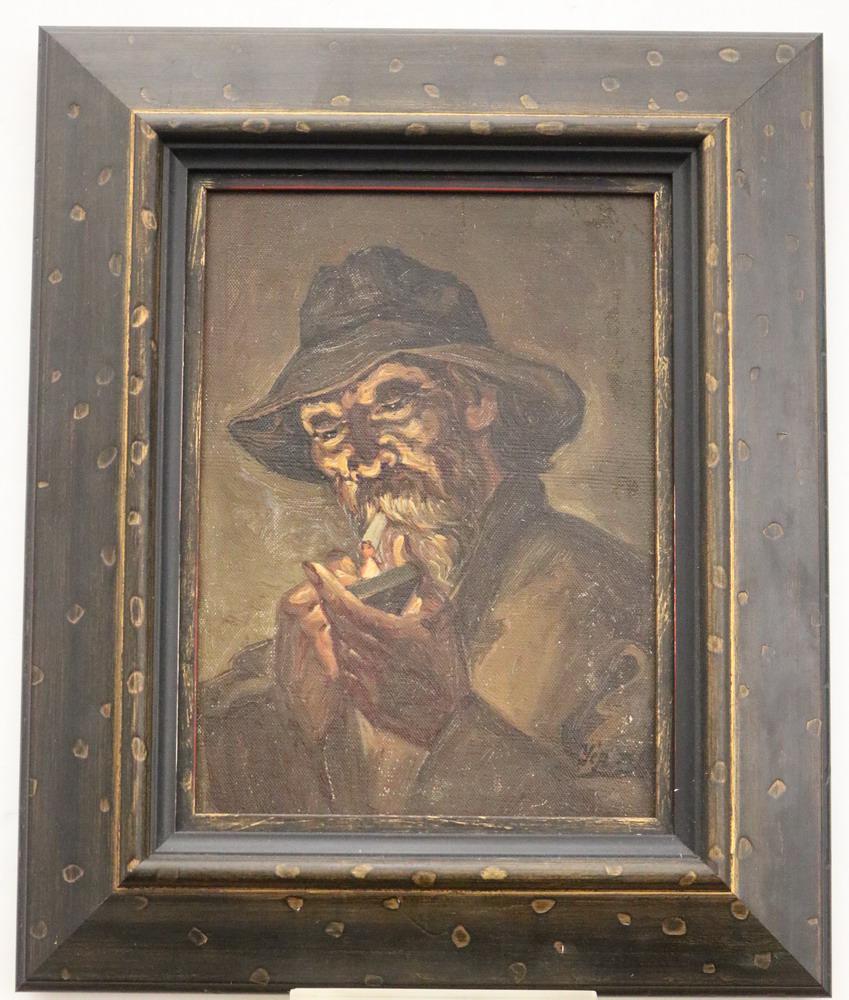 CARIBBEAN SCHOOL (20th Century). The Smoker, Oil on canvas. Signed lower right hand corner. Possibly: CARIBBEAN SCHOOL (20th Century). The Smoker, Oil on canvas. Signed lower right hand corner. Possibly signed as YEP. Framed. - 13" x 9"; Frame 20.5" x 16.5"