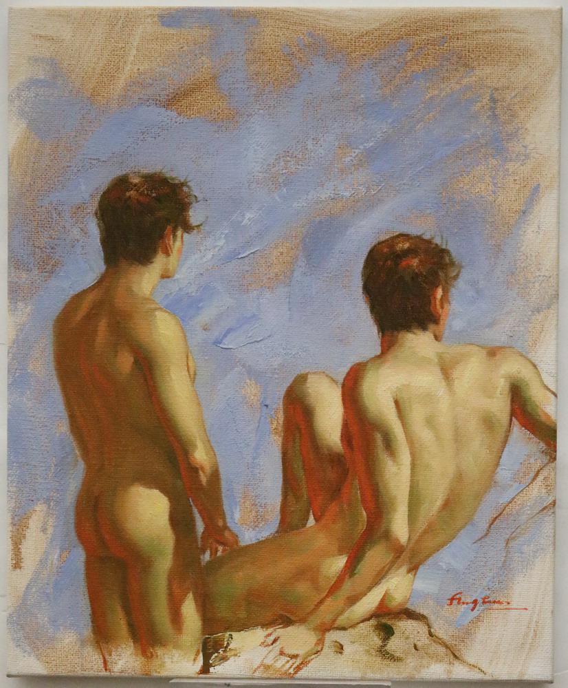 HONGTAO HUANG (Chinese, 21st Century). A pair: Beach Boys, [LGBTQ+ INTEREST]. Oil on canvas. Each (1 of 7)