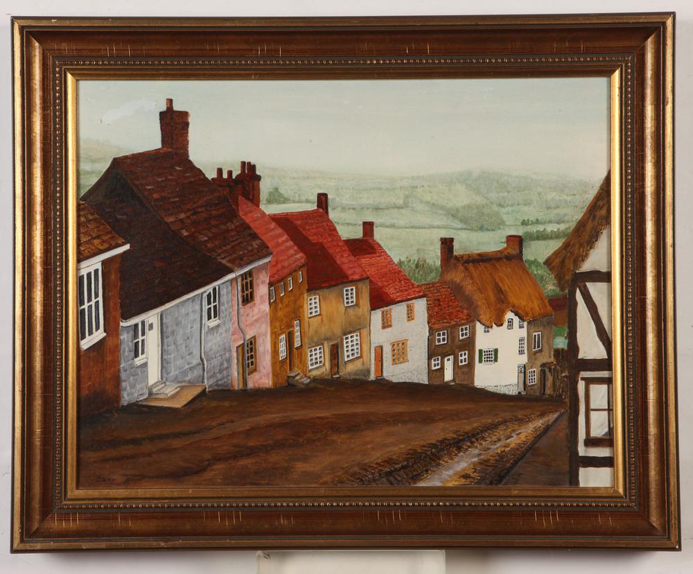 ENGLISH SCHOOL (20th Century). Old Village Street, 1977, Oil on board. Signed "JD" and dated lower: ENGLISH SCHOOL (20th Century). Old Village Street, 1977, Oil on board. Signed "JD" and dated lower left corner. Framed. - 13.5" x 17.5"; Frame 17" x 21"