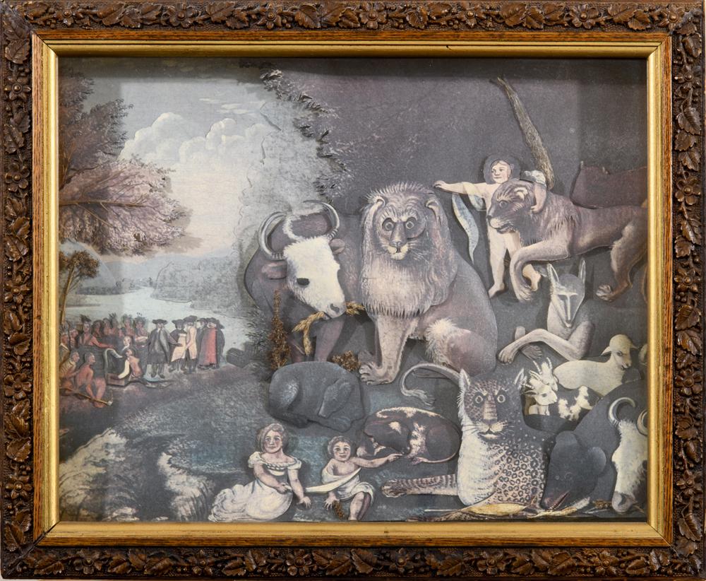 AFTER EDWARD HICKS (American, 1780 - 1849). The Peaceable Kingdom, Possibly a mid-20th century or: AFTER EDWARD HICKS (American, 1780 - 1849). The Peaceable Kingdom, Possibly a mid-20th century or earlier lithographed relief of Hick's artwork housed today in Brooklyn Museum, New York.