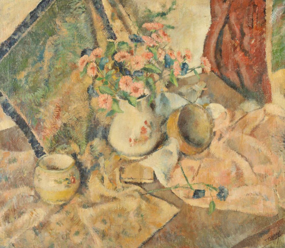 GUSTAV TROIS (American, 1917-2002). TABLETOP STILL LIFE WITH VASE OF FLOWERS, signed lower right. (1 of 2)