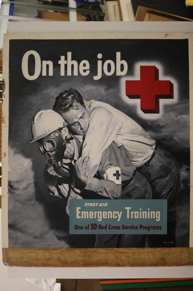 JOHN GOULD (American, 20th Century). First Aid - Emergency Training, 1956, Oil on poster board.: JOHN GOULD (American, 20th Century). First Aid - Emergency Training, 1956, Oil on poster board. Signed lower right hand corner. With verso label confirming that it used to be property of the "Red Cros