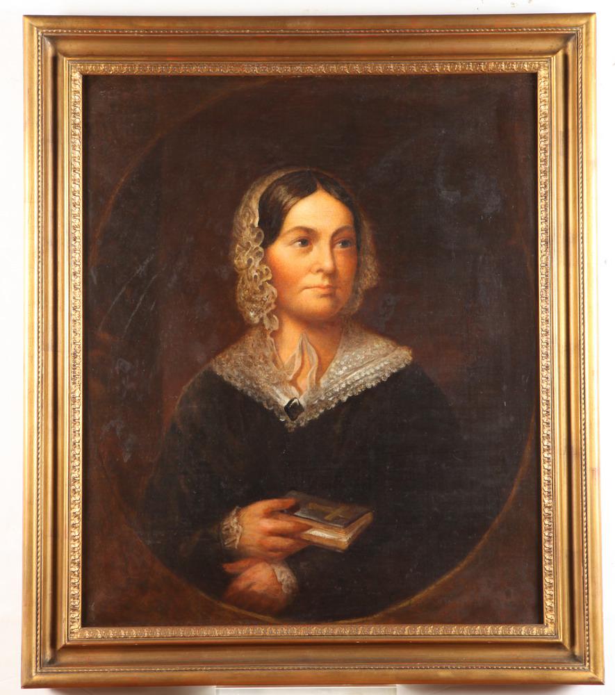 AMERICAN SCHOOL. (Early 19th Century). Woman Holding a Bible, Oil on canvas. Unsigned. Framed. (1 of 1)
