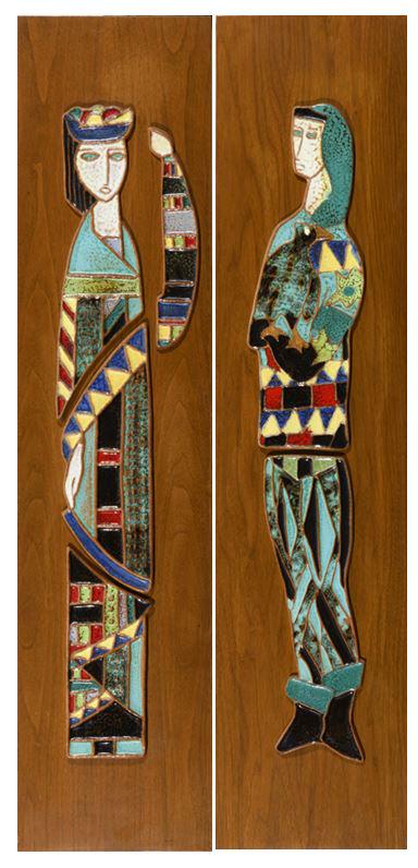 HARRIS G. STRONG (American, 1920 - 2006). King and Queen, Hand-glazed ceramic tiles mounted on (1 of 3)